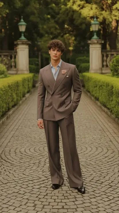 Double-breasted brown suit