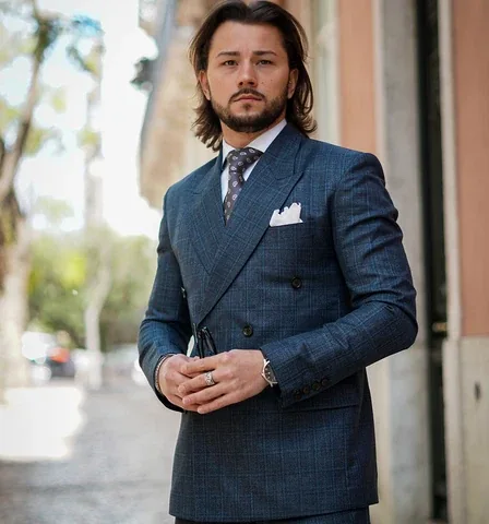 Blue plaid double-breasted suit