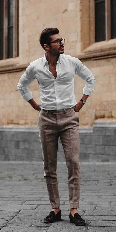 White shirt and tailored trousers