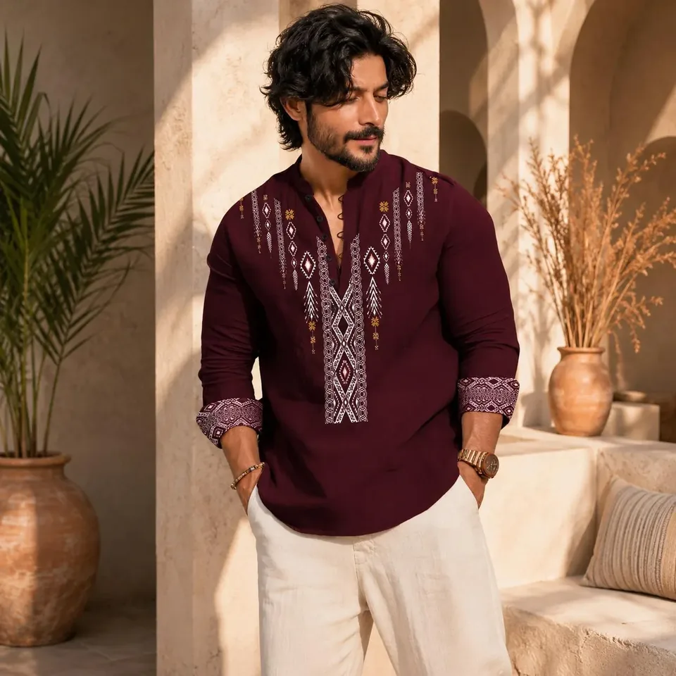 Burgundy embroidered kurta
